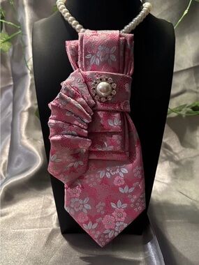 Pink Floral Satin Ascot with Pearl Brooch